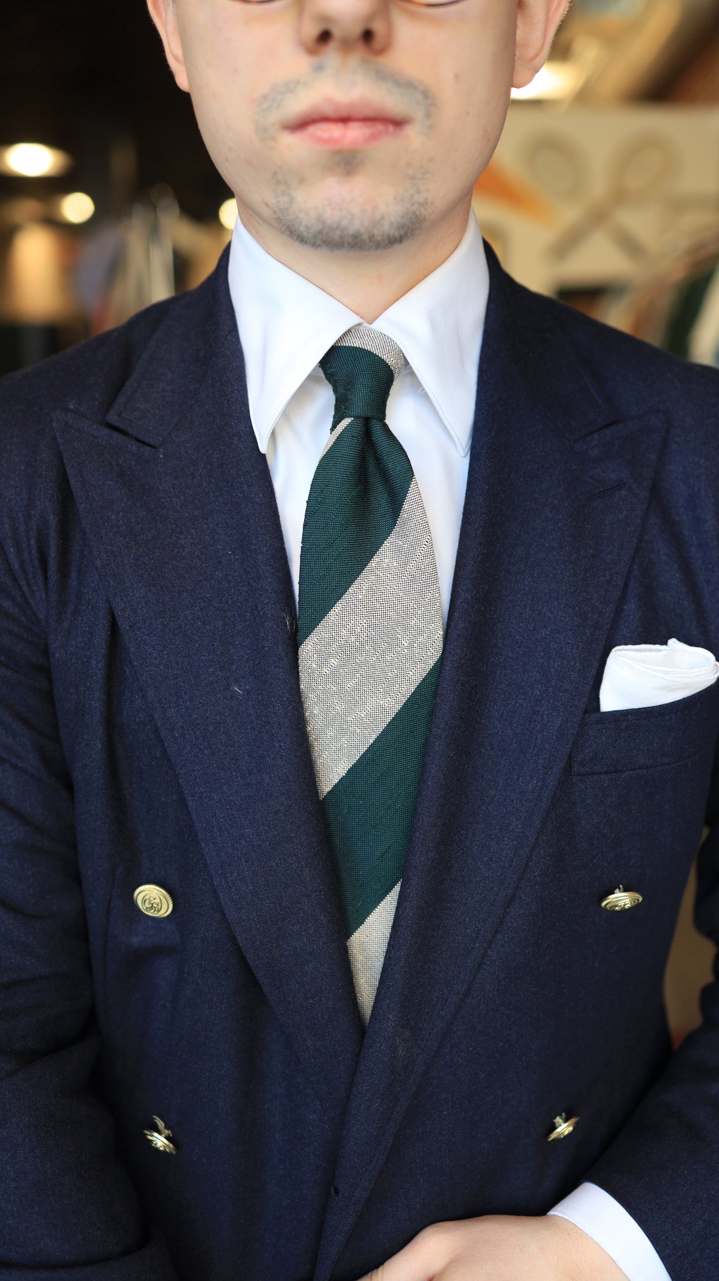 Green and Cream Wide Stripe Tie