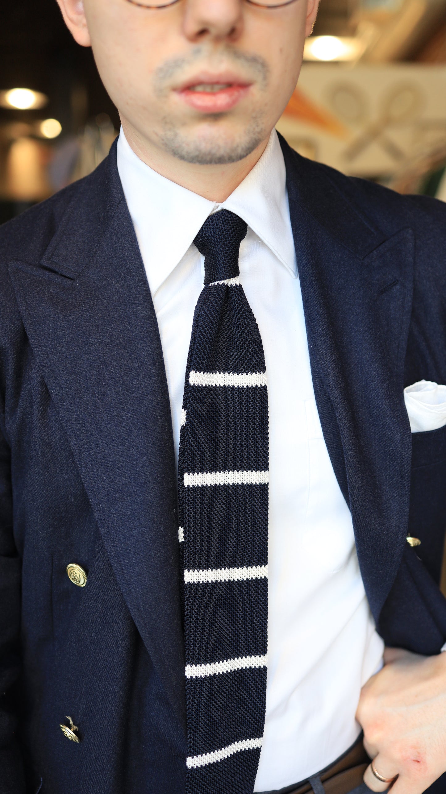 Navy and White Stripe Knit Tie