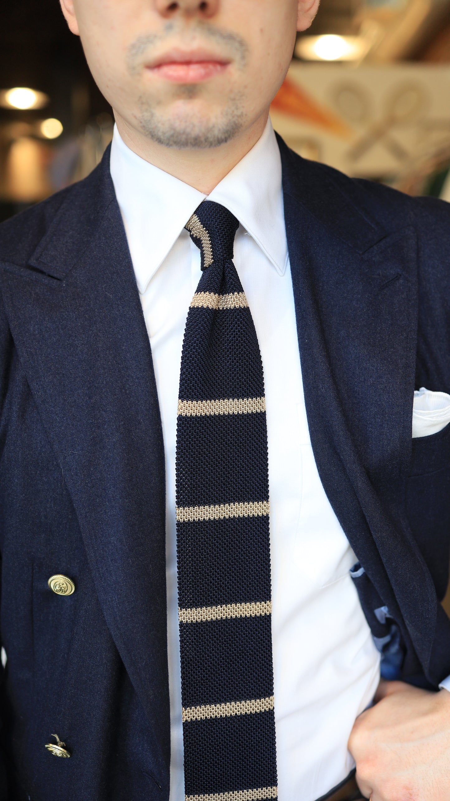 Navy and Tan Stripe Knit Tie